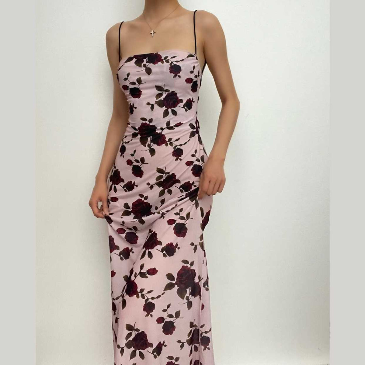 Floral Print Square Neck Spaghetti Strap Ruched Slip Maxi Dress