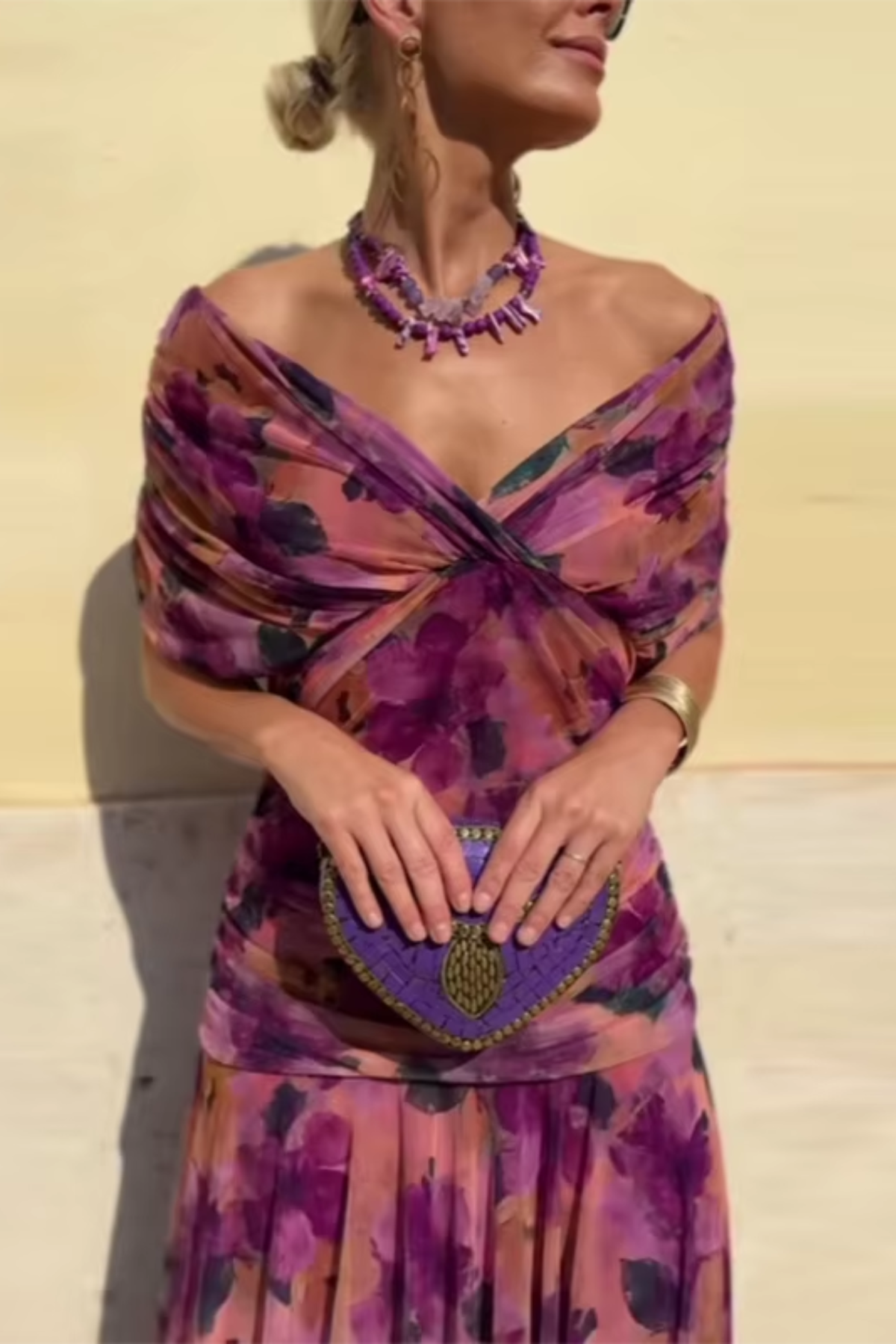 Floral Print Off Shoulder Twist Front Pleated Maxi Dress 4