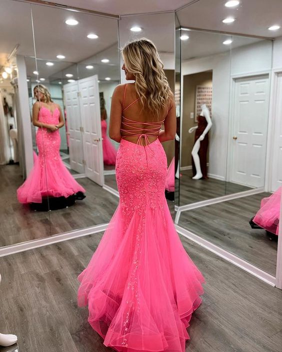 Mermaid Spaghetti Straps Hot Pink Long Prom Dress Lace Formal Dress - Fashionpara