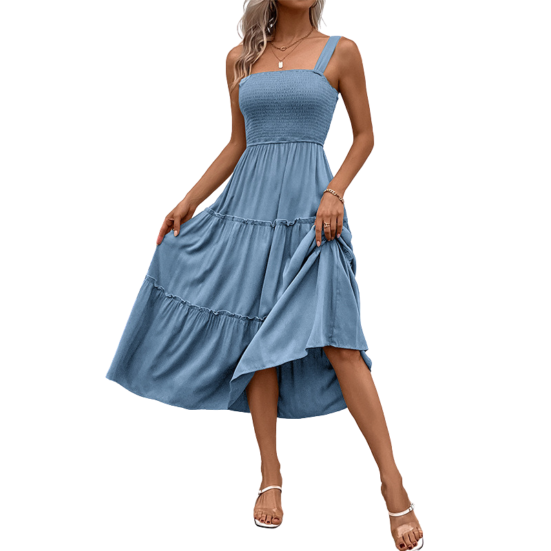 Square Neck Smocked Sleeveless Tiered Midi Dress 2