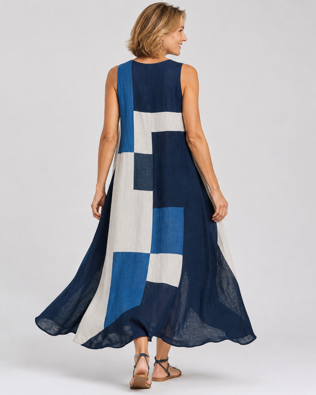 Sleeveless Geometric Color Block A-Line Maxi Dress 4