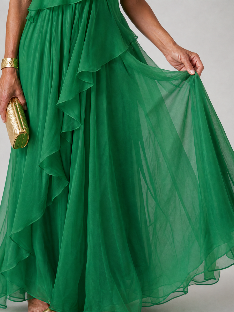 One Shoulder Ruffle Tiered Chiffon Maxi Gown 7