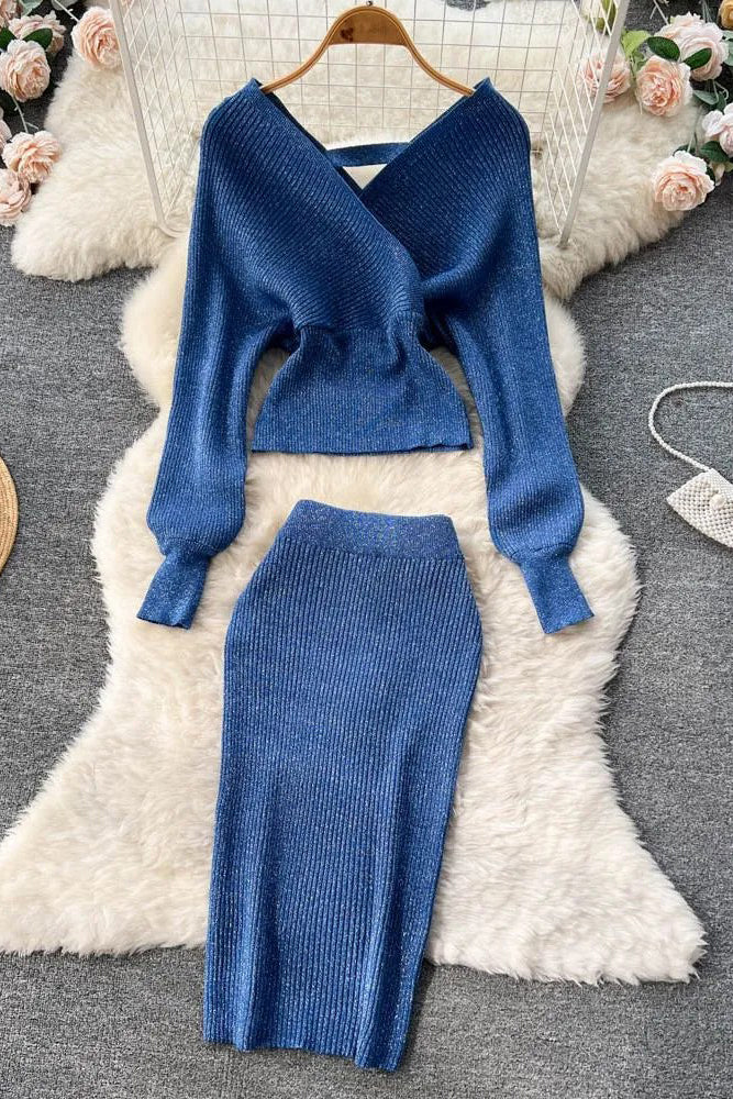 Elegant Batwing Sleeve Knitted Sweater and Skirt Set