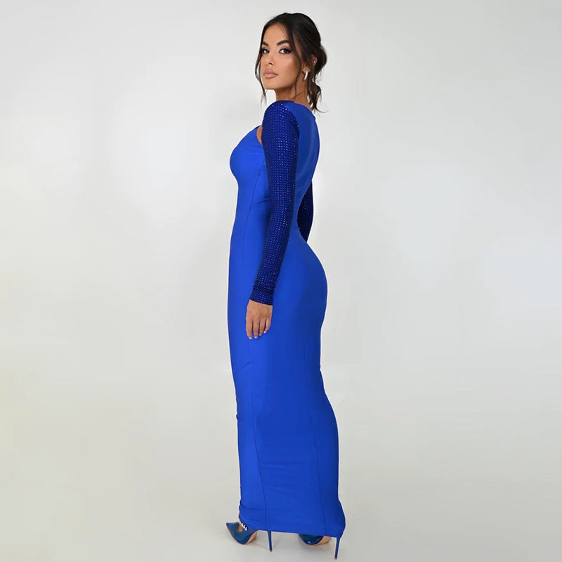 Rhinestone One-Sleeve Cutout Bodycon Maxi Dress 2