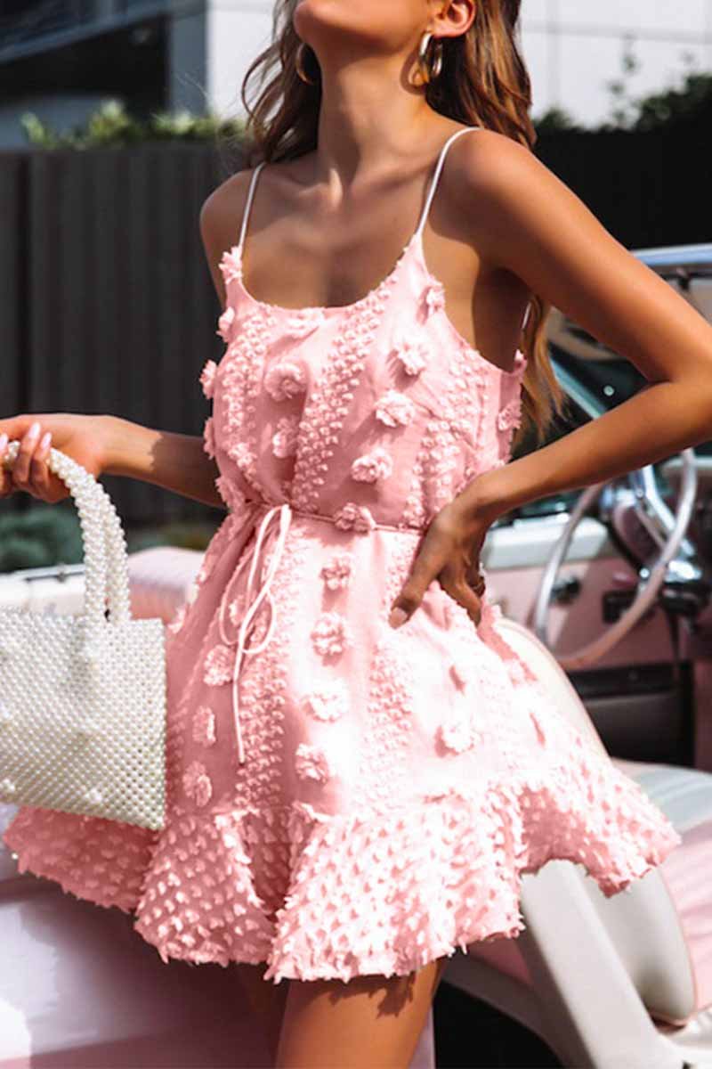 Florcoo Solid Lace Flower Design Grace Mini Dress