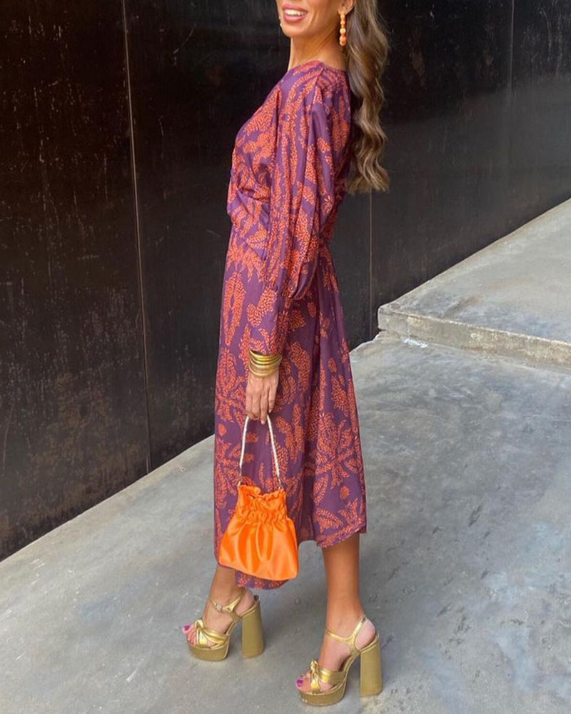 Leaf Print Deep V-Neck Long Sleeve Twist Front Midi Dress 9