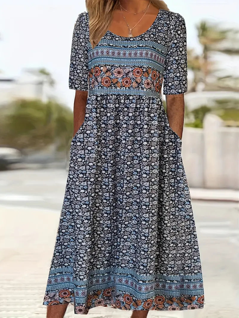 Boho Floral Square Neck Short Sleeve Tiered Midi Dress 12