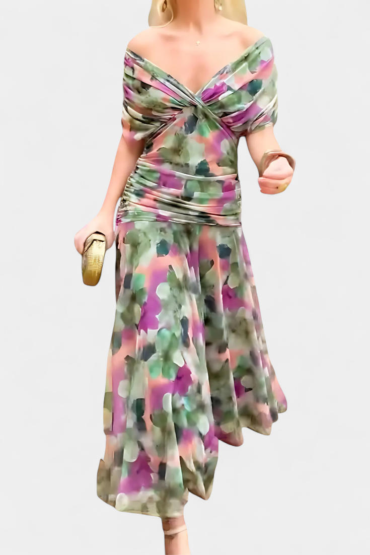 Deep V-Neck Ruched Draped Mesh Midi Dress 18