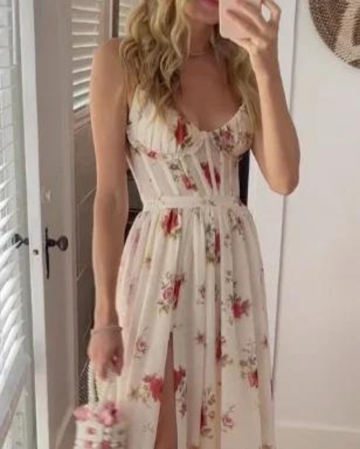 Floral Print Spaghetti Strap Sweetheart Corset Bodice Midi Dress