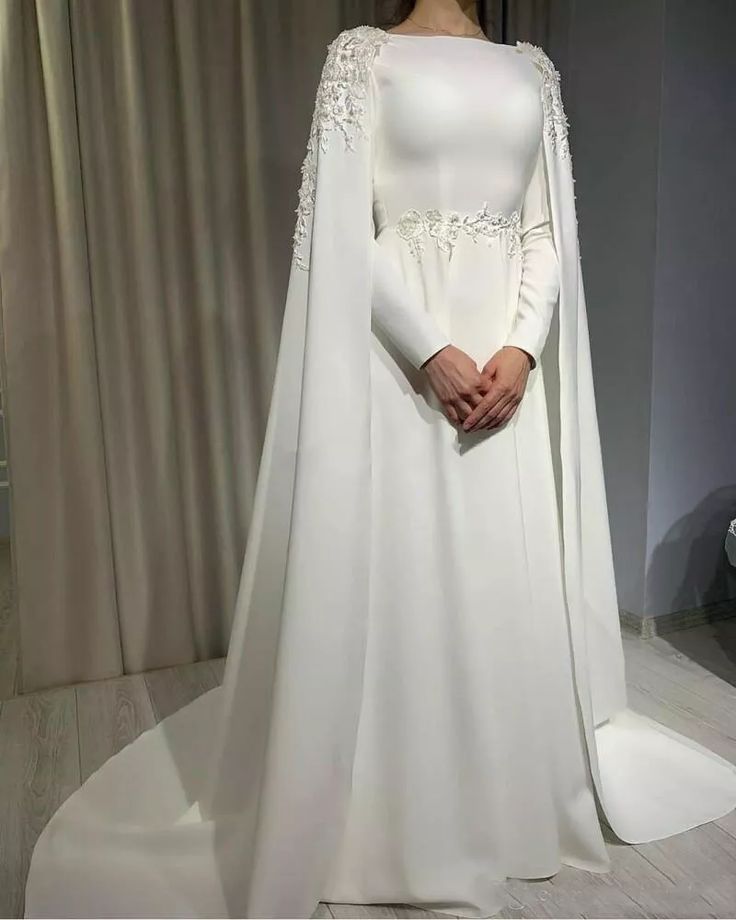 Muslim Wedding Dress with Cape Long Sleeves Beading Plus Size Satin Bridal Gowns