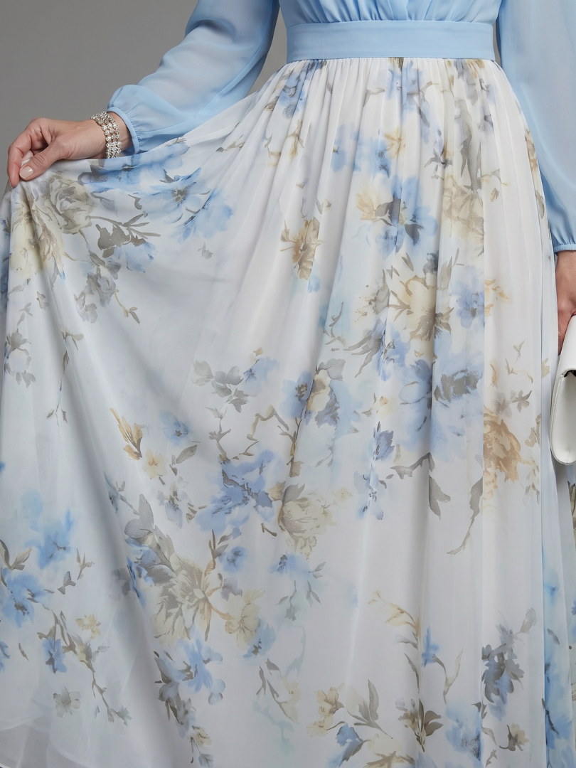 V-Neck Long Sleeve Floral Chiffon Maxi Dress 3