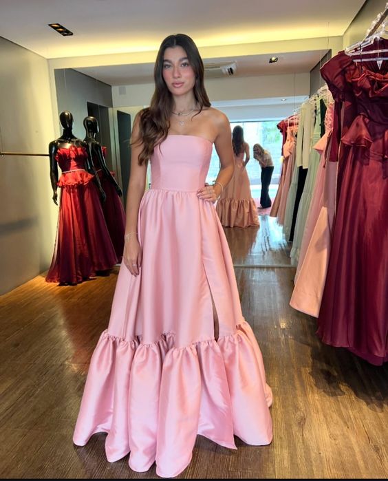 Elegant Pink Satin Strapless Evening Dress Women A-Line Prom Dress Simple Formal Occasion Dress Party Dress - Fashionpara