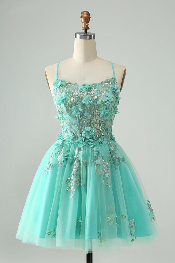 Sweet Green A Line Spaghetti Straps Corset Short Homecoming Dress with Appliques - Fashionpara