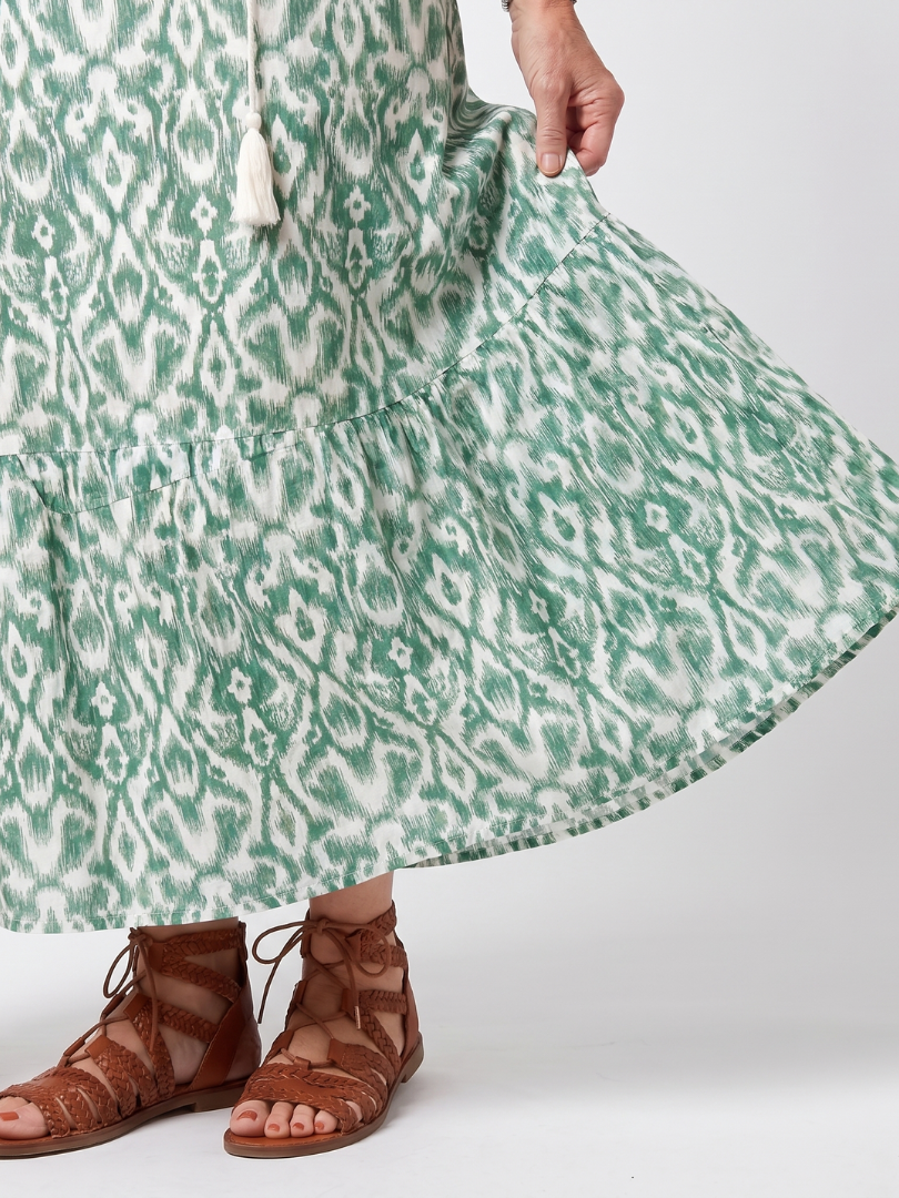 Ikat Print V-Neck Tassel Tie Tiered Midi Dress 3