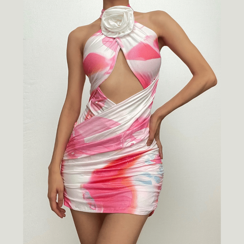 Tie Dye Halter Neck 3D Flower Cut Out Bodycon Mini Dress