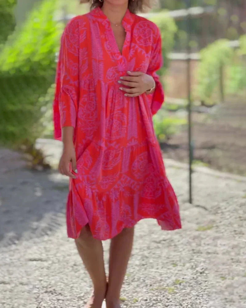 Bell Sleeve Ruffle Cuff Deep V-Neck Tiered Shift Mini Dress - View 2