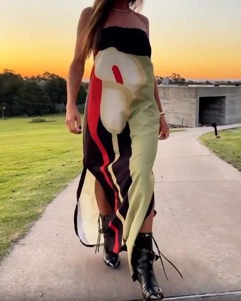 Fashion Art Print Strapless Split Dress - Fashionpara