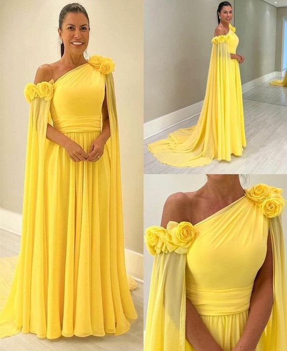 Vintage Long One Shoulder Evening Desses With Flower A-Line Floor Length Sweep Train Prom Dresses for Women - Fashionpara