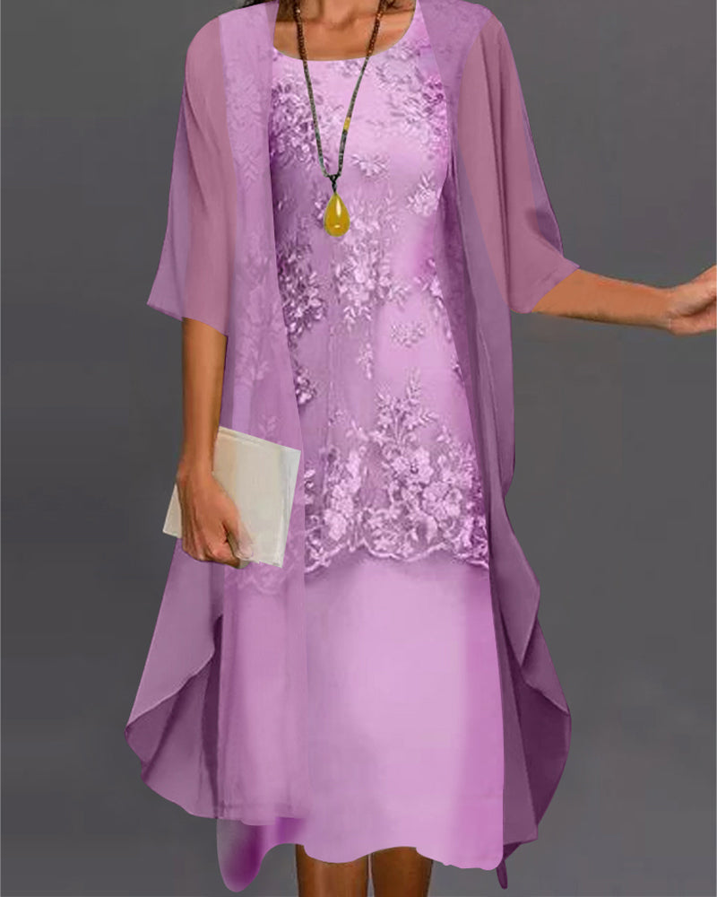 Lace Bodice Round Neck Midi Dress Chiffon Cardigan Two-Piece Set - View 3