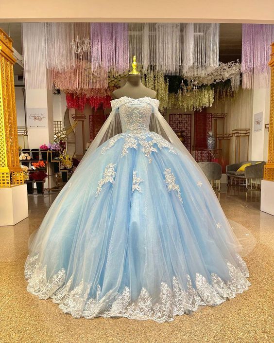Gorgeous Blue Quinceanera Dresses With Cape Luxury Flowers Corset Ball Gown Princess Birthday Party Dress Sweet 15 Vestios Gala - Fashionpara