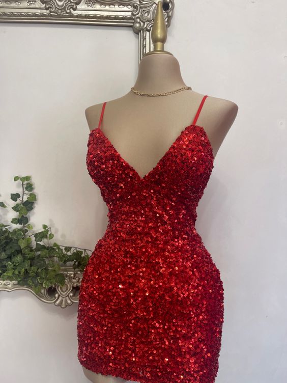 Red Sheath Straps Sequins Mini Homecoming Dress - Fashionpara