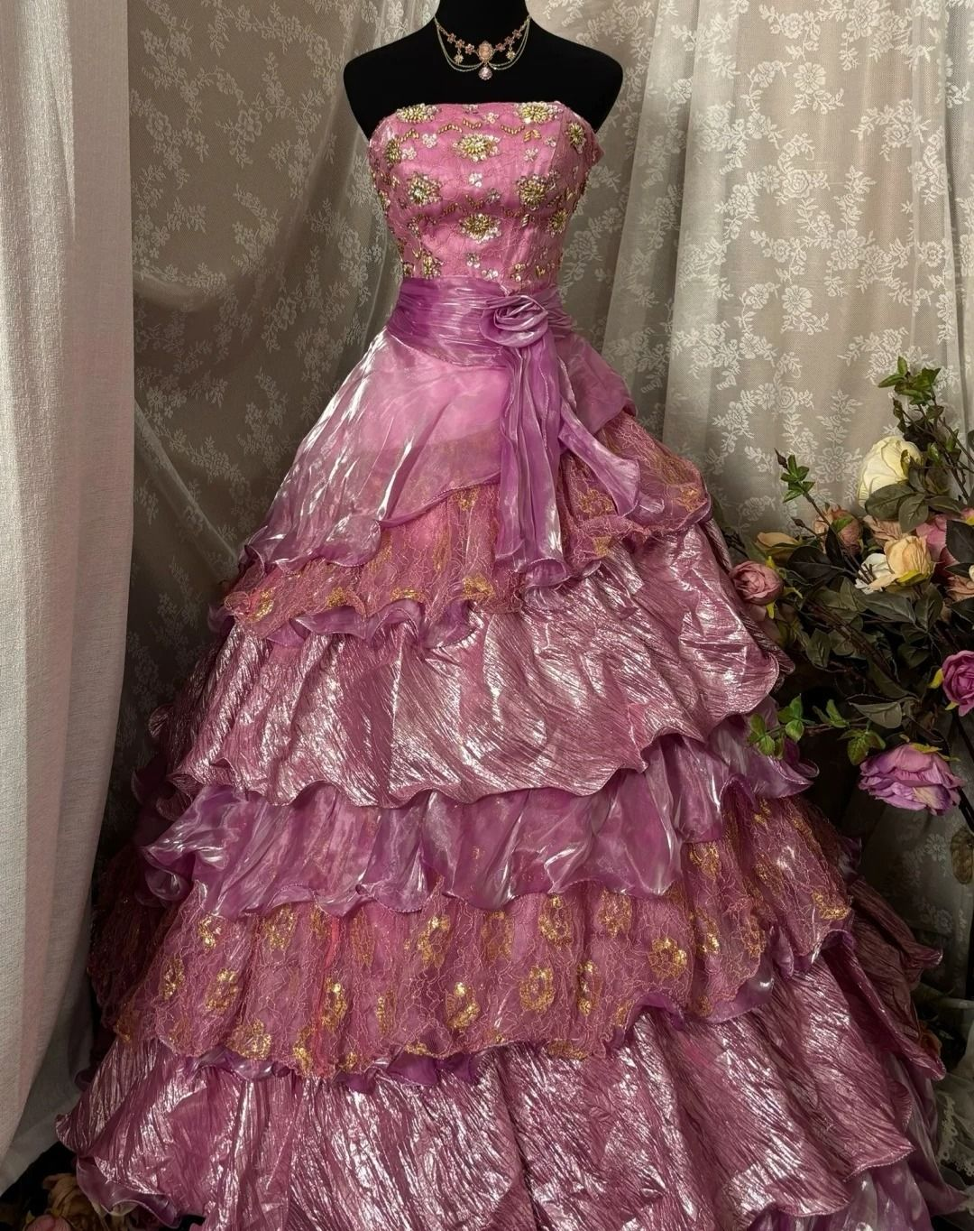 Floral Long Prom Party Dress Tulle Sweet 15 Ball Gown - Fashionpara