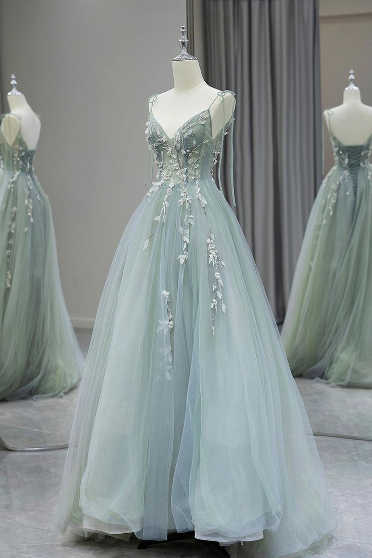 Stylish Spaghetti Strap Tulle Floor Length Formal Dress Gray Green V-Neck Backless Party Dress - Fashionpara