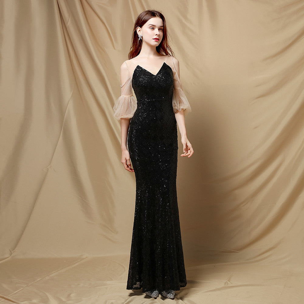 Embellished V-Neck Puff Sleeve Mermaid Gown