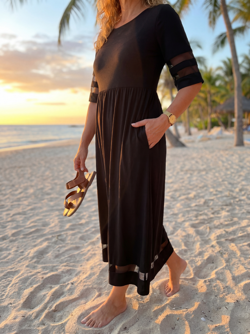 Round Neck Mesh Stripe Short Sleeve Gathered Waist Midi Dress 2