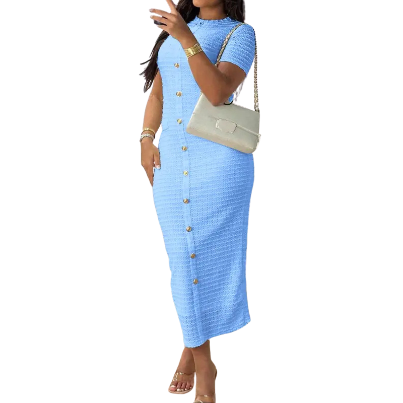 Crew Neck Short Sleeve Button Front Textured Bodycon Midi Dress 2
