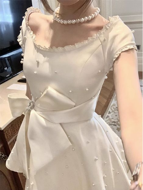 Pearl Satin A-Line Birthday Dress Bow Homecoming Dress - Fashionpara