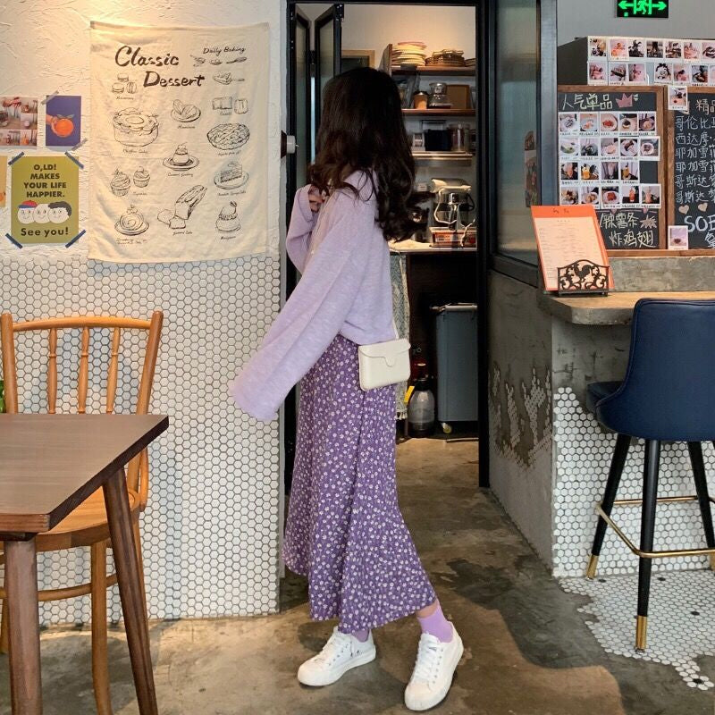 Flowers Pattern A-Line Chiffon Purple Skirts - Fashionpara