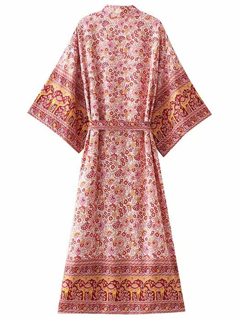 Printed Pink Color Cotton Long Length Gown Kimono Duster Robe - Fashionpara