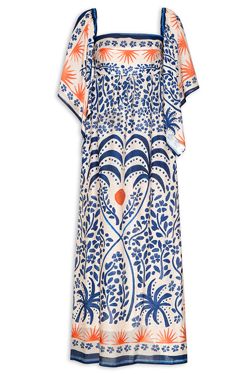 Square Collar Flutter Sleeves Printed Maxi Vacation Dress - Fashionpara
