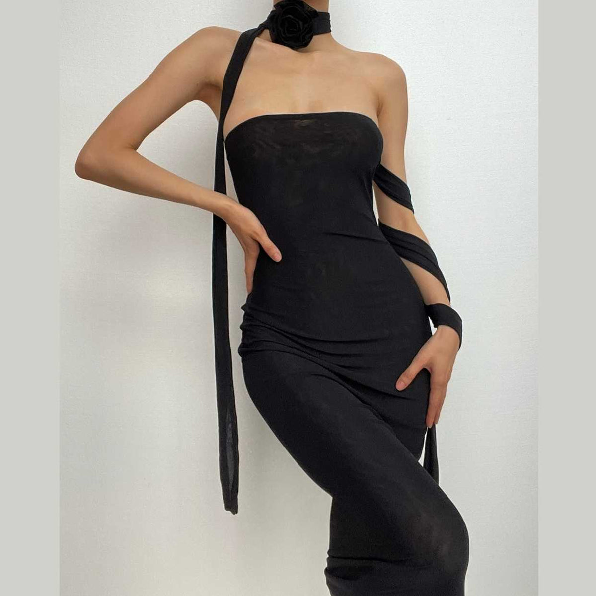 One Shoulder Rosette Tie Bodycon Maxi Dress