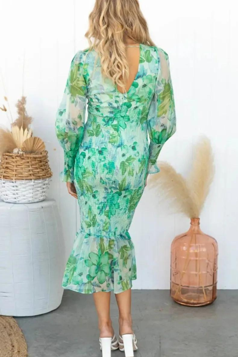 Floral Print Deep V-Neck Bishop Sleeve Ruffle Hem Mermaid Midi Dress - View 8