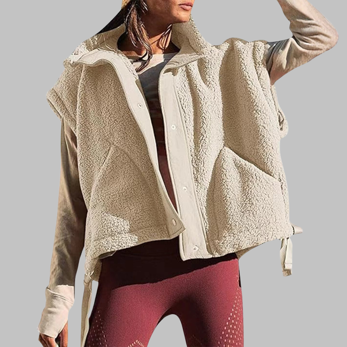 Fleece Stand Collar Button Front Sleeveless Vest 2