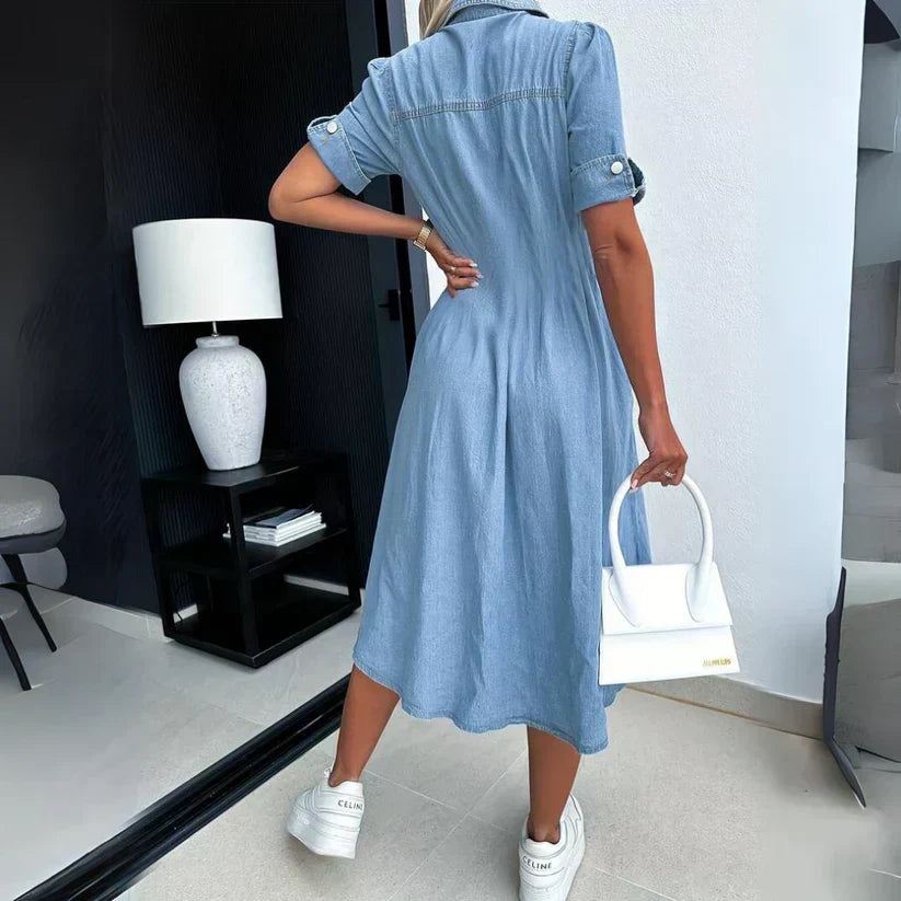 Denim Short Sleeve Button Front Chest Pocket Shirt Midi Dress - View 4