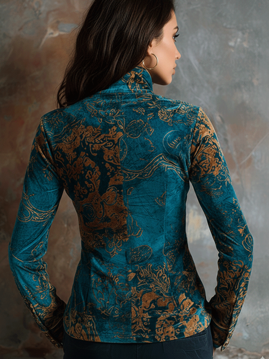 Boho Chic Vintage Peacock Blue Velvet Golden Print Fit Blouse - Fashionpara
