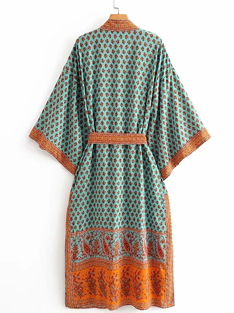 Nightwear Bohemian Print with Eye Catching Contrast Green Color Cotton Long Length Gown Kimono Duster Robe 2