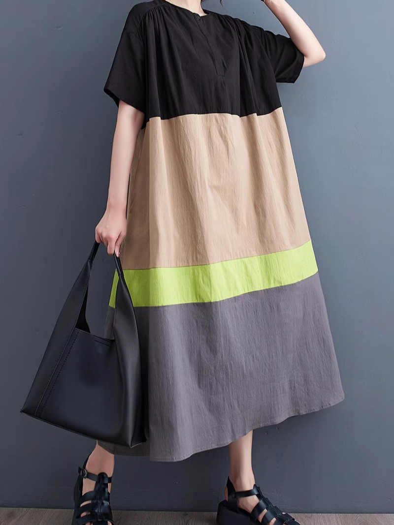 Colorblock Button Front Oversized Short Sleeve Midi Dress - View 3