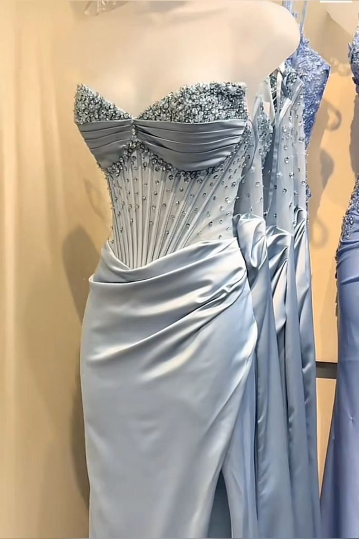 Light Blue Beaded Corset Ruched Formal Dress blue prom dress - Fashionpara