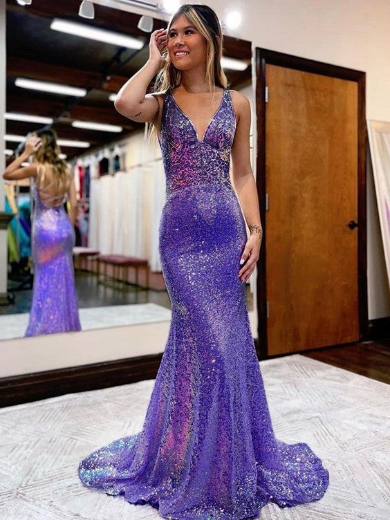 Sheath/Column V-Neck Court Train Sequins Prom Dresses - Fashionpara