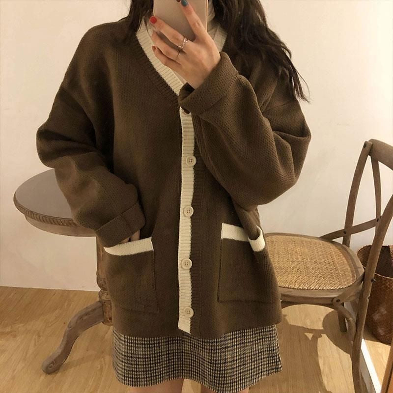 KittenAlarm - V-Neck Knitted College Cardigan Sweater