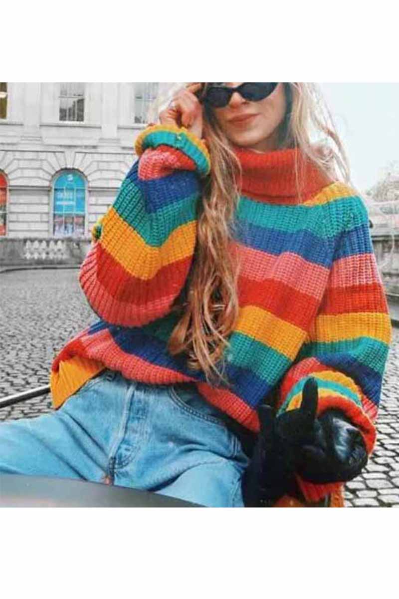 Florcoo Rainbow Striped Loose-Knit Sweater for Effortless Style