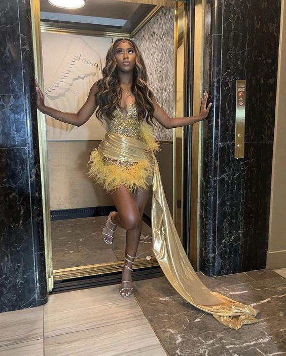 Sexy Black Girls Birthday Dresses Gold Rhinestone Feathers Mini Cocktail Party Gowns Women Club Outfit Vestidos De Gala - Fashionpara