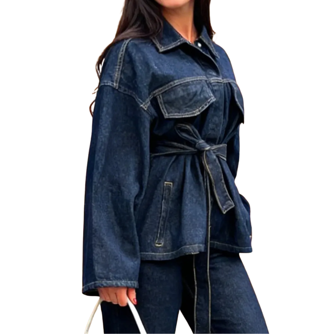 Belted Button Front Oversized Denim Jacket 3