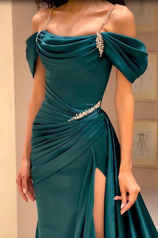 High Quality Off The Shoulder Dark Green Satin Prom Dresses Beaded Evening Gown - Fashionpara