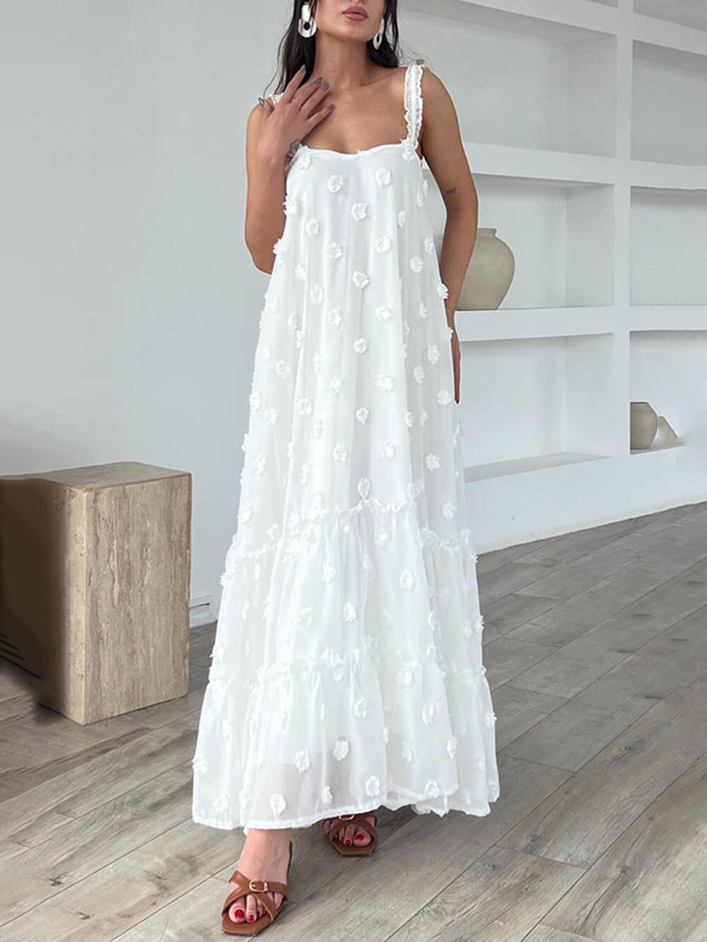 Pretty Flower Decor A-Line Layered Loose Maxi Dress - Fashionpara