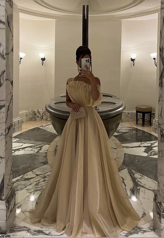 Elegant One Shoulder A-line Champagne Long Evening Prom Dress for Women - Fashionpara